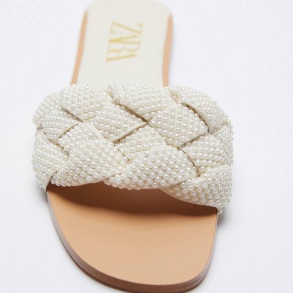 ZARA Pearl Detail Woven Slide Sandals - Picture 2 of 4